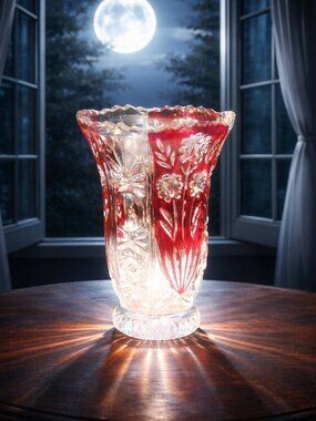 Glass Vase With Cut In Designs Ruby Flash Grandma Core Home Decor Flowers